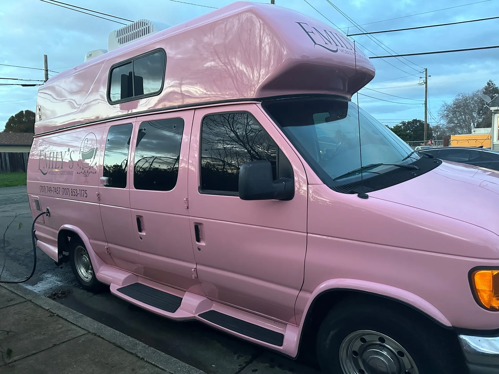 Pink mobile grooming van from Emily Mobile Pet Grooming in Fairfield CA.