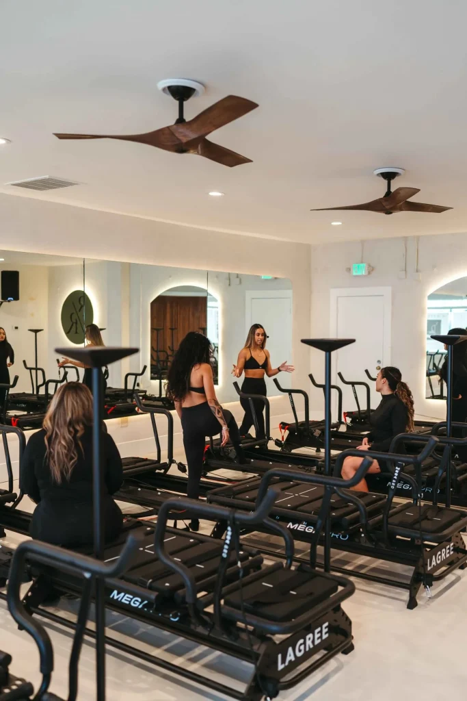 Interior of Reform Room Lagree fitness studio in Fairfield CA with exercise equipment.
