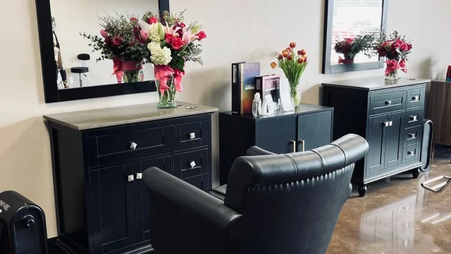 Modern salon interior with styling chairs at Salon Collective GV in Fairfield CA.