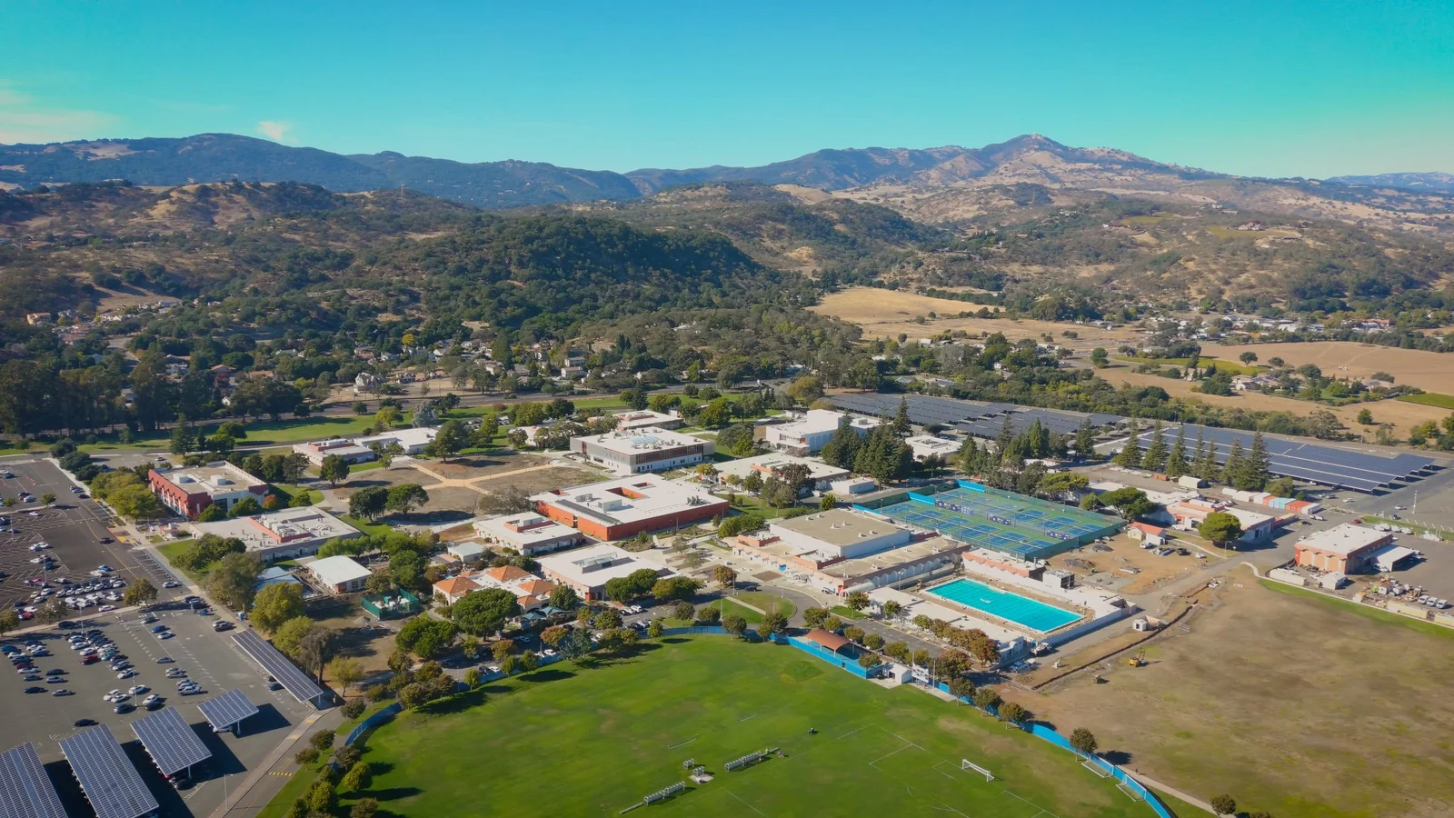 Aerial view of Solano Community College Fairfield campus surrounded by hills.