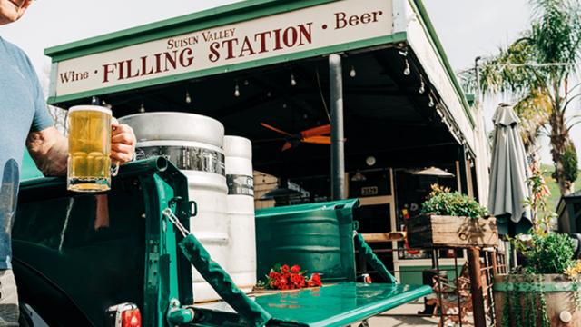 Vintage truck and outdoor tasting area at Suisun Valley Filling Station.